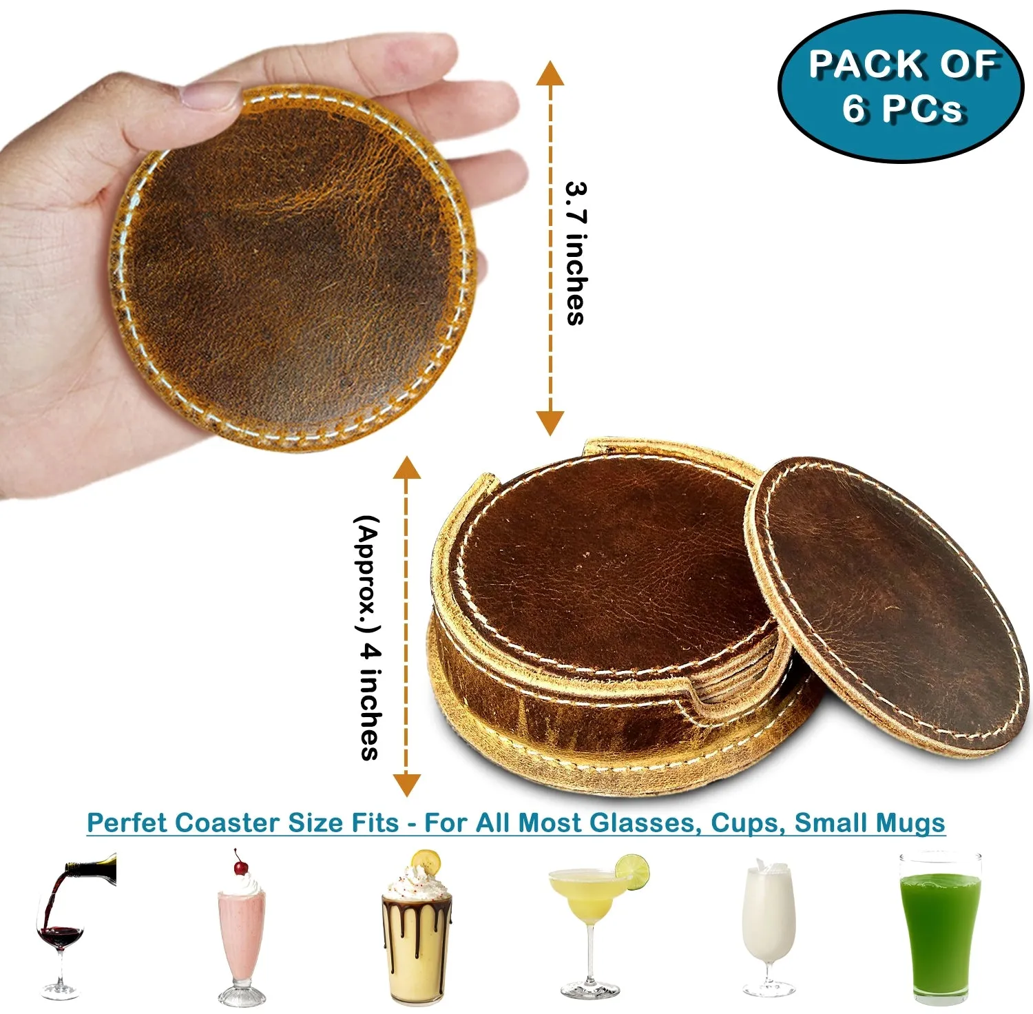 Leather Coasters For Drinks - Cup Coasters Coffee Table Kitchen Table Bar, Home & Office Gifts Handmade Drink Coasters